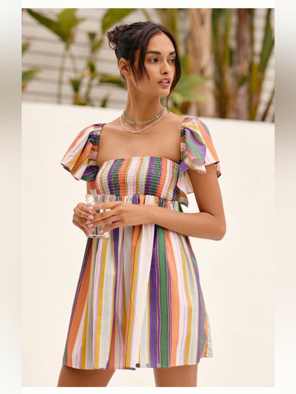 Anthropologie Ruffle Sleeve Open Back Mini Dress | Multicolor Stripe Smocked | L